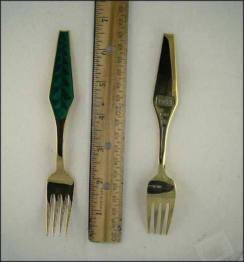 Gold Wash Green Enamel Tree Fork, Denmark Souvenir Spoon MAIN
