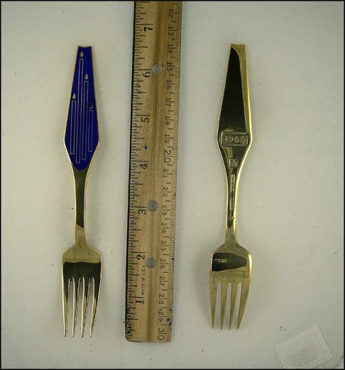 Gold Wash Blue Enamel Candles Fork, Denmark Souvenir Spoon MAIN
