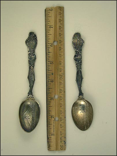 Mt. Tacoma 14,529 Ft., Fish, Old Church, Smelter, City Hall, Tacoma, Washington Souvenir Spoon MAIN