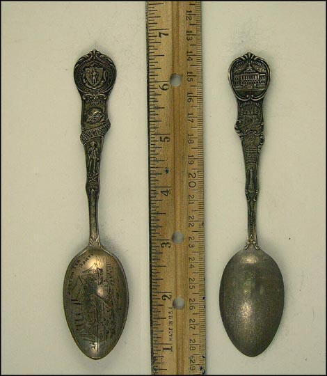 State Seal, Plymouth Rock, Bunker Hill Monument, Boston Tea Party,... Souvenir Spoon MAIN