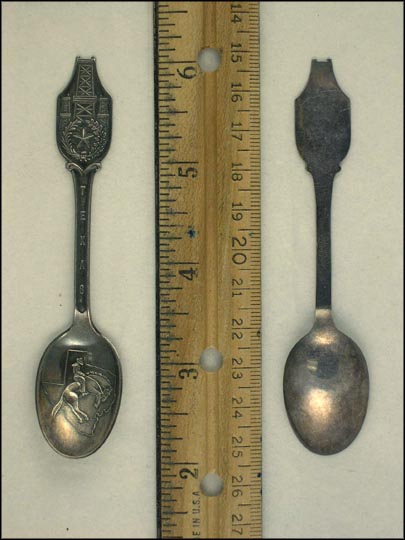 State Seal, Man On Horse Inside Outline of State, Towers, Texas Souvenir Spoon MAIN