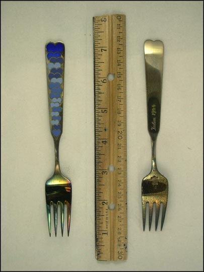 Jul 1944, Blue Enameled Hearts, Fork Souvenir Spoon MAIN