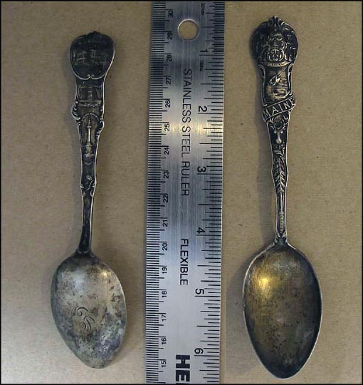 State Seal, State Capitol, Portland Head Light, Soldier Monument, Maine Souvenir Spoon MAIN