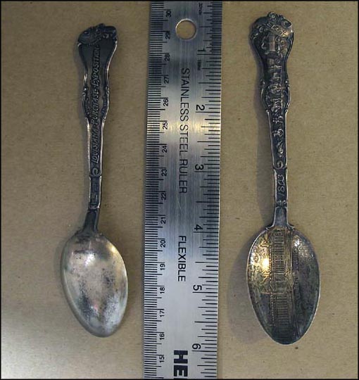 Louisiana Purchase Exposition, US Government Building, 1803, Train, People Traveling by Horse and... Souvenir Spoon MAIN