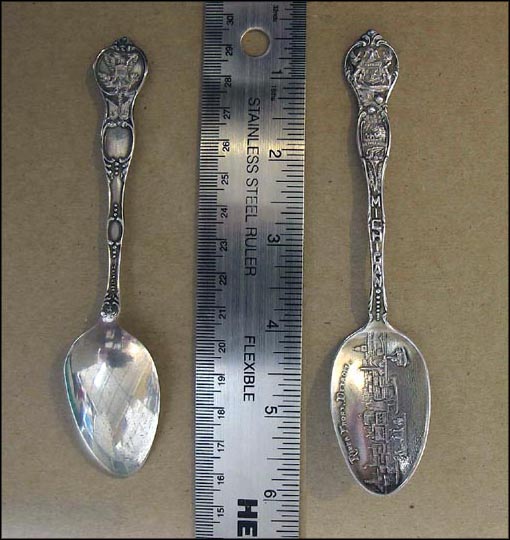 River Front, State Seal, Loading Logs, Copper Mine, Detroit, Michigan Souvenir Spoon MAIN