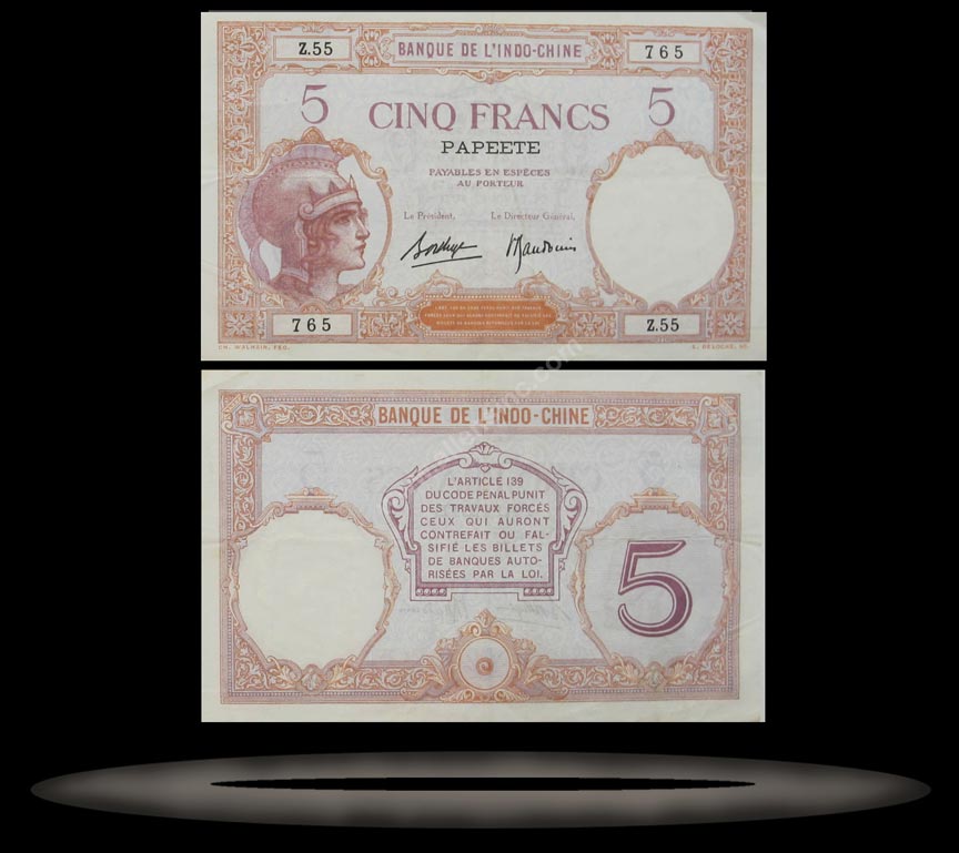 Tahiti Banknote, 5 Francs, ND (1927), P#11c MAIN