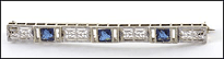 Bar Pin with Synthetic Blue Stones, 1920's Vintage in 14K White Gold THUMBNAIL