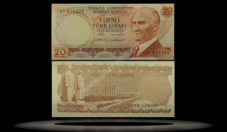 Turkey Banknote, 20 Lira, L.1970 (1974), P#187b MAIN