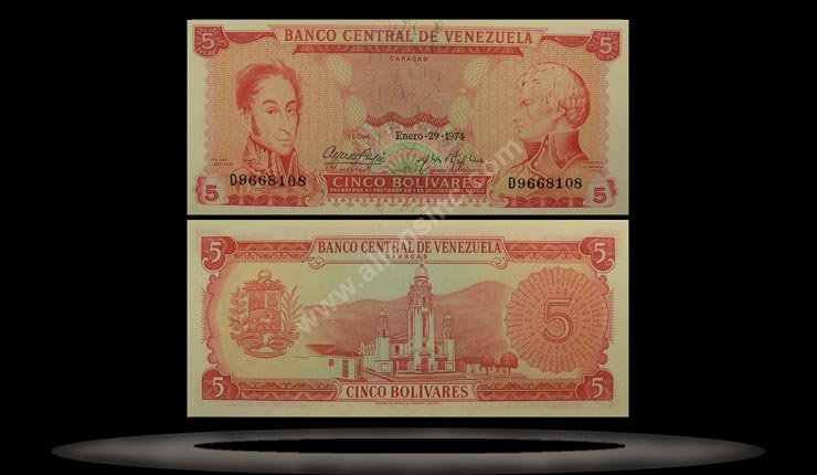 Venezuela Banknote, 5 Bolivares, 29.1.1974, P#50h MAIN