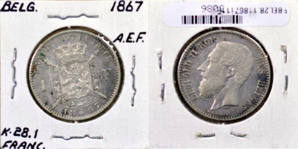 Belgium, 1867 1 Franc, Cat# 28.1 MAIN