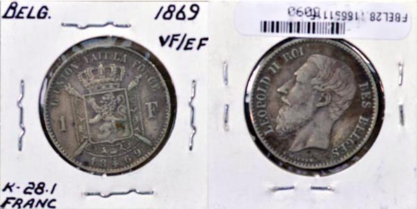 Belgium, 1869 1 Franc, Cat# 28.1 MAIN