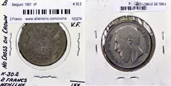 Belgium, 1867 2 Francs, Cat# 30.2 MAIN