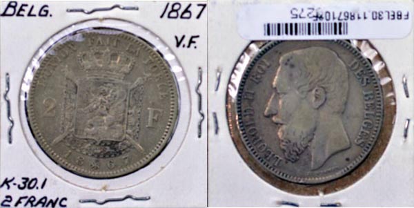 Belgium, 1867 2 Francs, Cat# 30.1 MAIN