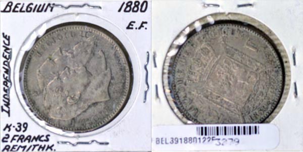 Belgium, 1880 2 Francs, Cat# 39 MAIN