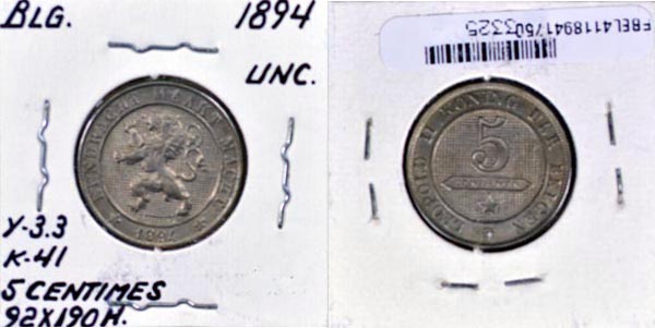 Belgium, 1894 5 Centimes, Cat# 41 MAIN