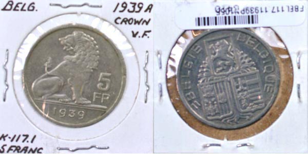 Belgium, 1939 PAw 5 Francs, Cat# 117.1 MAIN