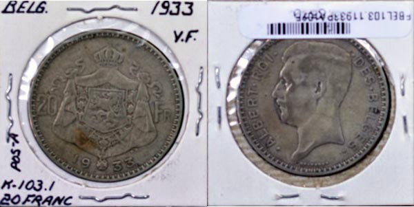 Belgium, 1933 PA 20 Francs, Cat# 103.1 MAIN