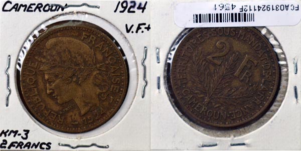Cameroon, 1924 (a) 2 Francs, Cat# 3 MAIN
