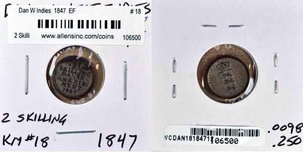 Danish West Indies, 1847 2 Skilling, Cat# 18 MAIN