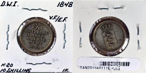 Danish West Indies, 1848 10 Skilling, Cat# 20 MAIN