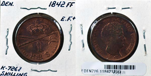 Denmark, 1842 FK/FF 1 Rigsbankskilling, Cat# 726.1 MAIN