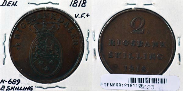 Denmark, 1818 2 Rigsbankskilling, Cat# 689 MAIN