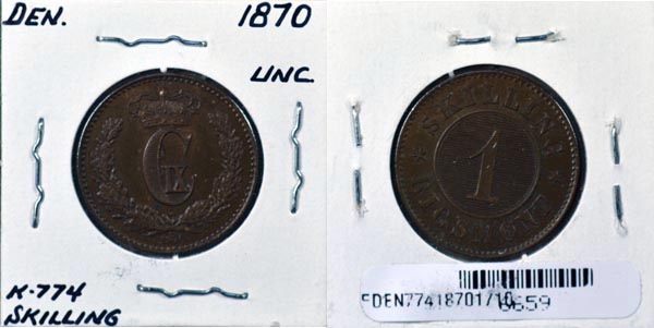 Denmark, 1870 (c) 1 Skilling Rigsmont, Cat# 774 MAIN