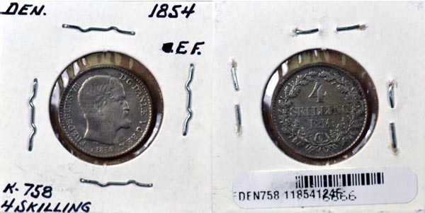 Denmark, 1854 FF 4 Skilling Rigsmont, Cat# 758.1 MAIN