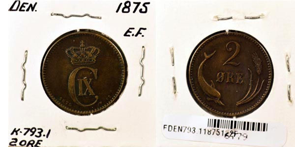 Denmark, 1875 (h)CS 2 Ore, Cat# 793.1 MAIN