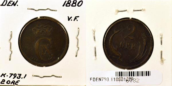 Denmark, 1880 (h)CS 2 Ore, Cat# 793.1 MAIN