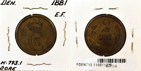 Denmark, 1881 (h)CS 2 Ore, Cat# 793.1 MAIN