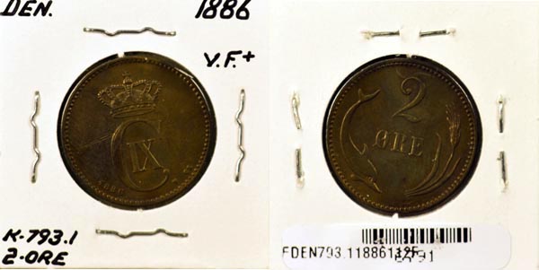 Denmark, 1886 (h)CS 2 Ore, Cat# 793.1 MAIN