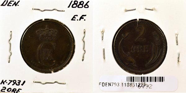 Denmark, 1886 (h)CS 2 Ore, Cat# 793.1 MAIN
