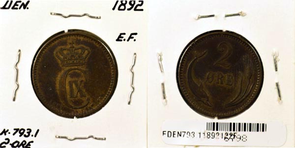 Denmark, 1892 (h)CS 2 Ore, Cat# 793.1 MAIN