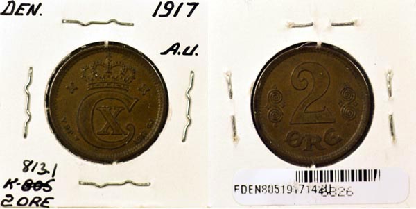 Denmark, 1917 (h)VBP,GJ 2 Ore, Cat# 813.1 MAIN