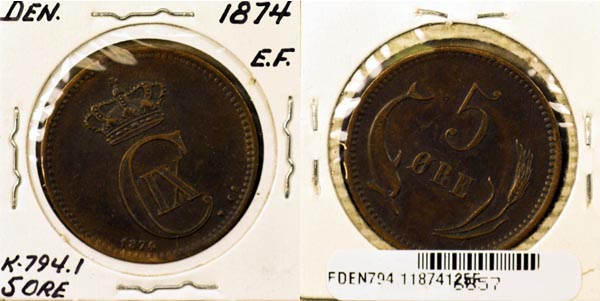 Denmark, 1874 (h)CS 5 Ore, Cat# 794.1 MAIN