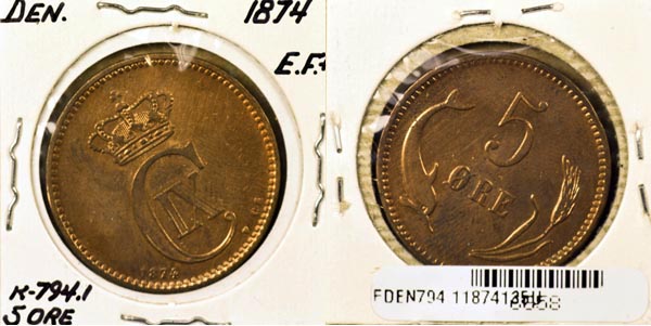 Denmark, 1874 (h)CS 5 Ore, Cat# 794.1 MAIN