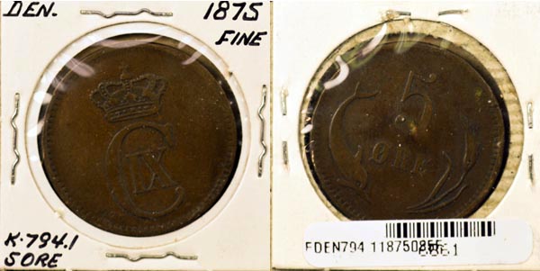 Denmark, 1875 (h)CS 5 Ore, Cat# 794.1 MAIN