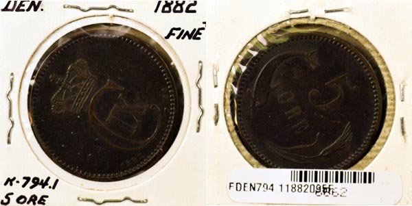 Denmark, 1882 (h)CS 5 Ore, Cat# 794.1 MAIN
