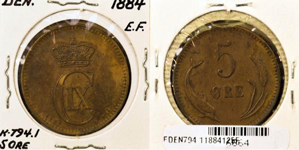 Denmark, 1884 (h)CS 5 Ore, Cat# 794.1 MAIN