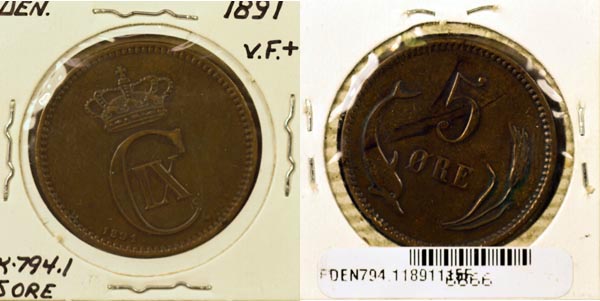 Denmark, 1891 (h)CS 5 Ore, Cat# 794.1 MAIN