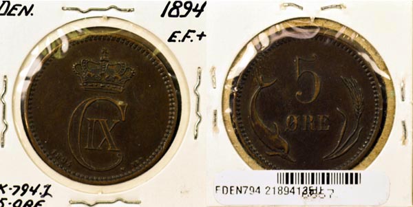 Denmark, 1894 (h)VBP 5 Ore, Cat# 794.2 MAIN