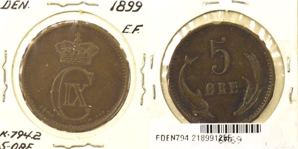 Denmark, 1899 (h)VBP 5 Ore, Cat# 794.2 MAIN
