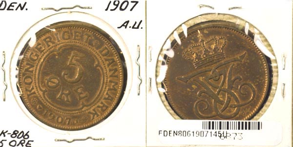 Denmark, 1907 (h)VBP,GJ 5 Ore, Cat# 806 MAIN