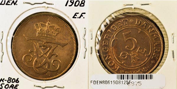Denmark, 1908 (h)VBP,GJ 5 Ore, Cat# 806 MAIN