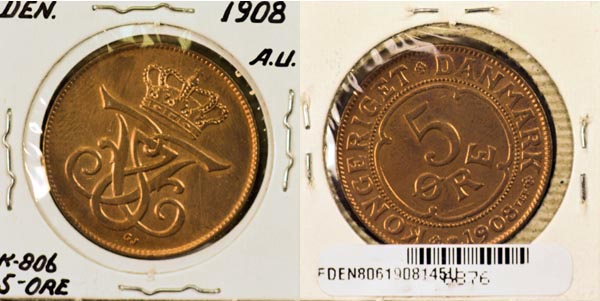 Denmark, 1908 (h)VBP,GJ 5 Ore, Cat# 806 MAIN