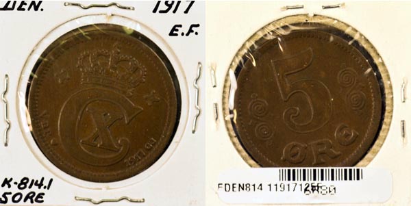 Denmark, 1917 (h)VBP,GJ 5 Ore, Cat# 814.1 MAIN