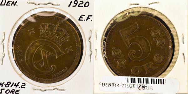 Denmark, 1920 (h)VBP,GJ 5 Ore, Cat# 814.2 MAIN