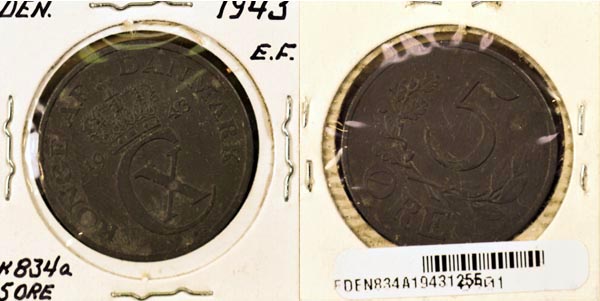 Denmark, 1943 (h)NS 5 Ore, Cat# 834a MAIN