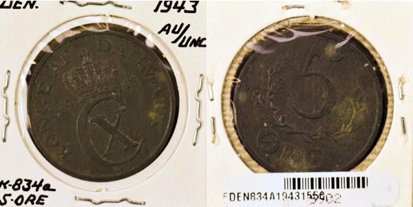 Denmark, 1943 (h)NS 5 Ore, Cat# 834a MAIN